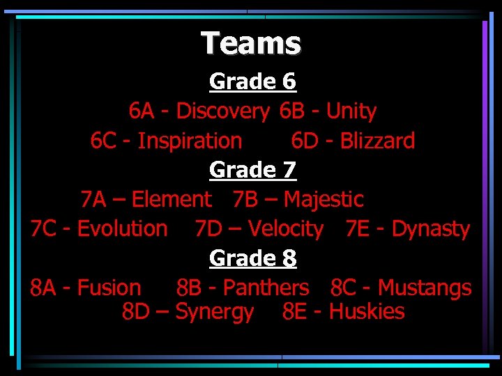 Teams Grade 6 6 A - Discovery 6 B - Unity 6 C -