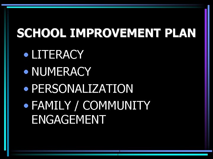 SCHOOL IMPROVEMENT PLAN • LITERACY • NUMERACY • PERSONALIZATION • FAMILY / COMMUNITY ENGAGEMENT