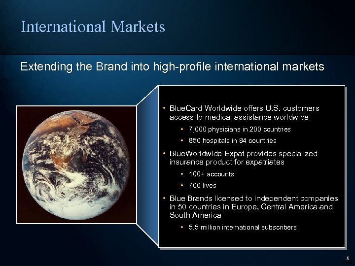 International Markets Extending the Brand into high-profile international markets • Blue. Card Worldwide offers