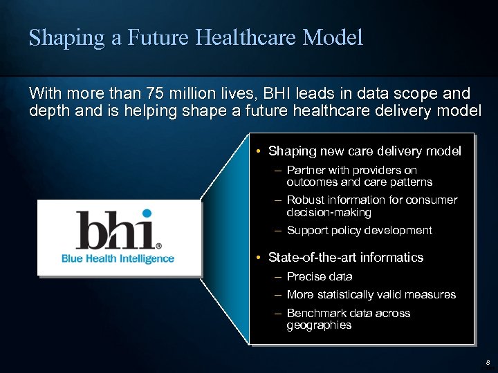 Shaping a Future Healthcare Model With more than 75 million lives, BHI leads in