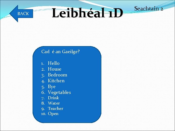 Leibhéal 1 D BACK Cad é an Gaeilge? 1. 2. 3. 4. 5. 6.