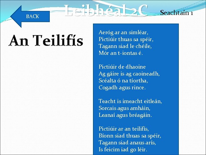 BACK Leibhéal 2 C An Teilifís Seachtain 1 Aeróg ar an simléar, Pictiúir thuas