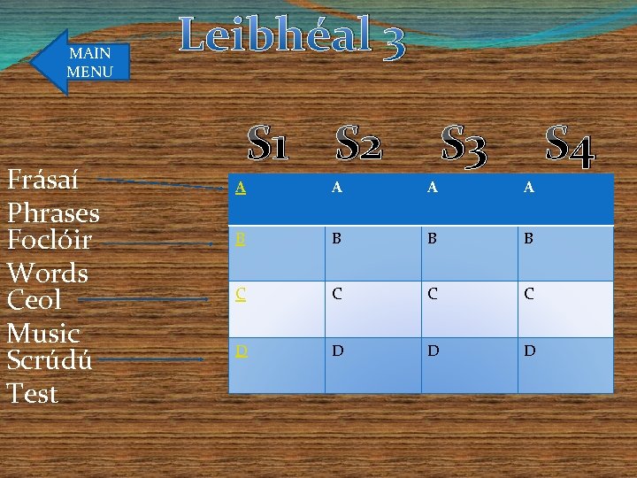 MAIN MENU Frásaí Phrases Foclóir Words Ceol Music Scrúdú Test Leibhéal 3 S 1