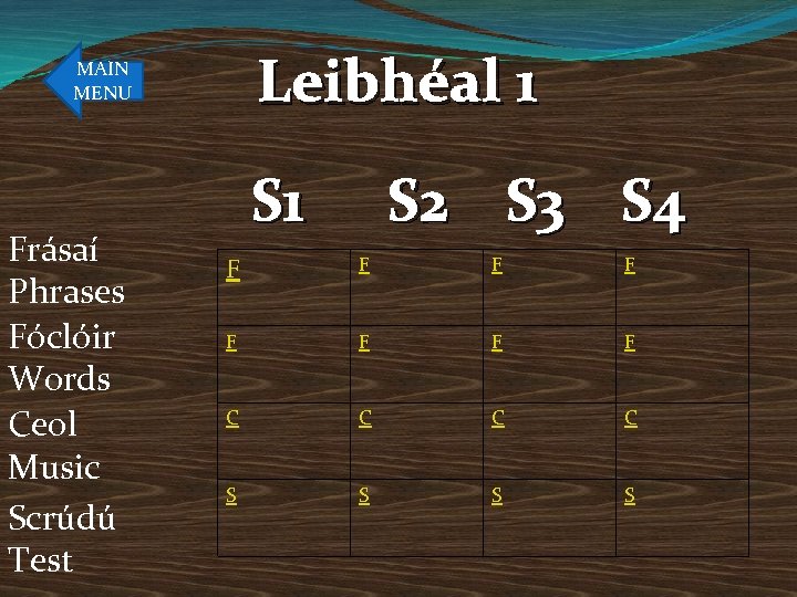 Leibhéal 1 MAIN MENU Frásaí Phrases Fóclóir Words Ceol Music Scrúdú Test S 1