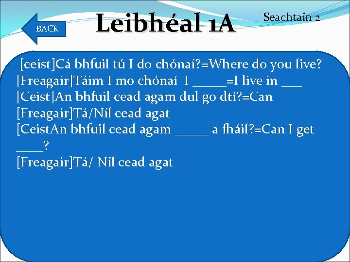 BACK Leibhéal 1 A Seachtain 2 [ceist]Cá bhfuil tú I do chónaí? =Where do