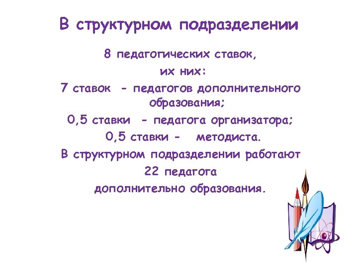 В структурном подразделении 8 педагогических ставок, их них: 7 ставок - педагогов дополнительного образования;