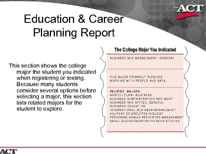 Education & Career Planning Report This section shows the college major the student you