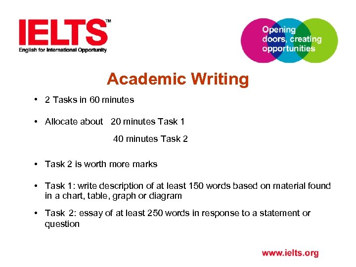 Academic Writing • 2 Tasks in 60 minutes • Allocate about 20 minutes Task