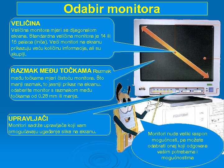 Odabir monitora VELIČINA Veličina monitora mjeri se dijagonalom ekrana. Standardna veličina monitora je 14