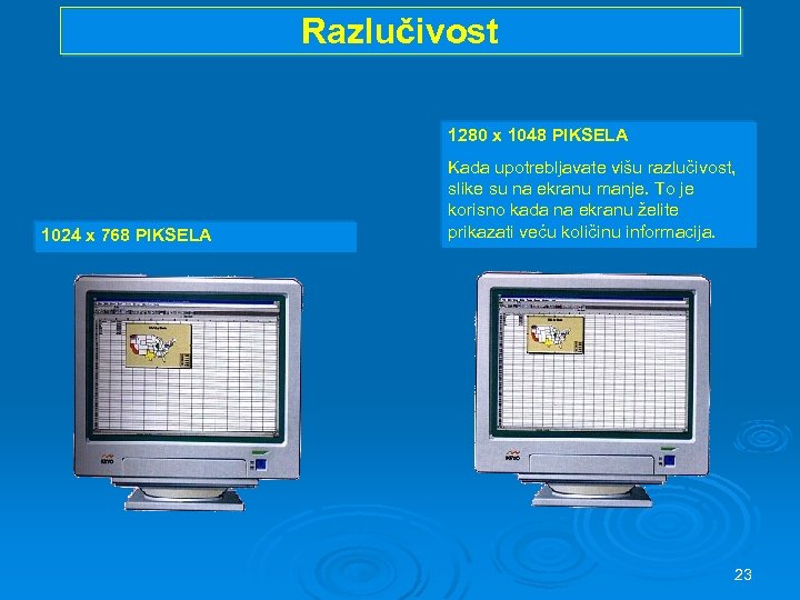 Razlučivost 1280 x 1048 PIKSELA 1024 x 768 PIKSELA Kada upotrebljavate višu razlučivost, slike