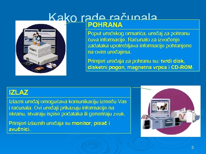 Kako rade računala POHRANA Poput uredskog ormarića, uređaj za pohranu čuva informacije. Računalo za