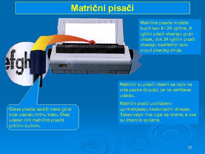 Matrični pisači Matrične pisače možete kupiti kao 9 i 24 -iglične. 9 iglični pisači