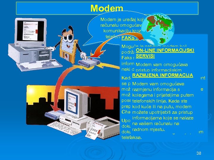 Modem je uređaj koji računalu omogućava komunikaciju kroz telefonske linije. FAKS SERVISI Moguće je