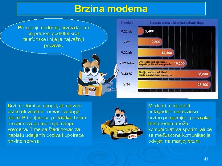 Brzina modema Pri kupnji modema, brzina kojom on prenosi podatke kroz telefonske linije je