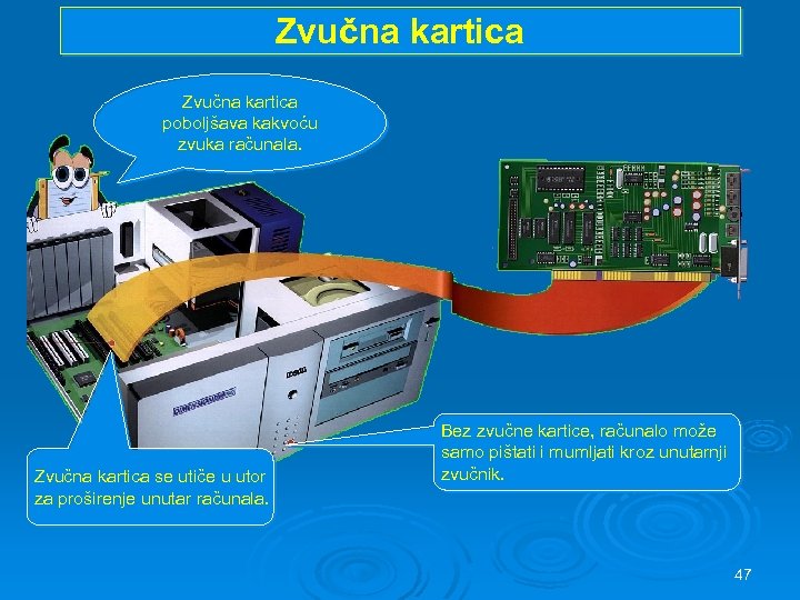 Zvučna kartica poboljšava kakvoću zvuka računala. Zvučna kartica se utiče u utor za proširenje