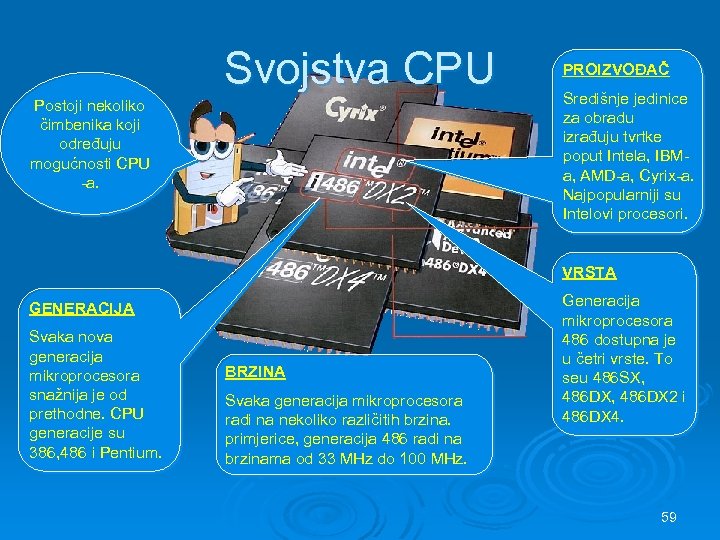 Svojstva CPU Postoji nekoliko čimbenika koji određuju mogućnosti CPU -a. PROIZVOĐAČ Središnje jedinice za