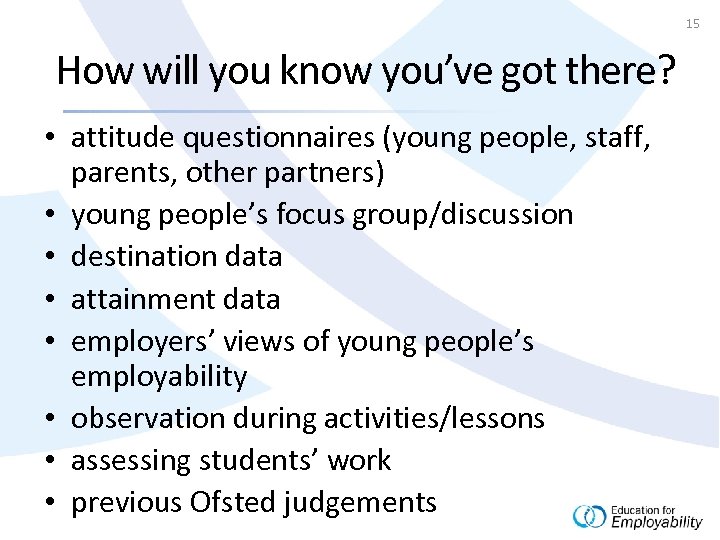 15 How will you know you’ve got there? • attitude questionnaires (young people, staff,