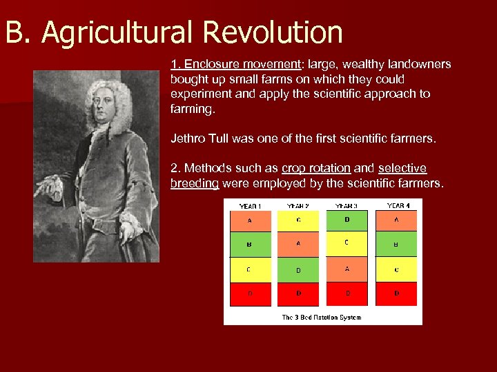 B. Agricultural Revolution 1. Enclosure movement: large, wealthy landowners bought up small farms on