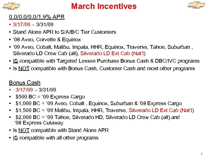 March Incentives 0. 0/0. 0/1. 9% APR • • 3/17/09 – 3/31/09 Stand Alone