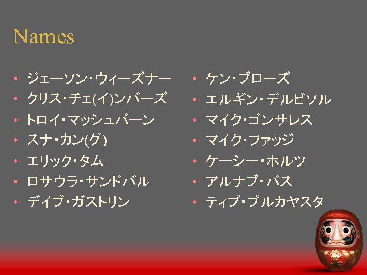 Names • • ジェーソン・ウィーズナー クリス・チェ(イ)ンバーズ トロイ・マッシュバーン スナ・カン(グ) エリック・タム ロサウラ・サンドバル デイブ・ガストリン • • ケン・ブローズ エルギン・デルビソル