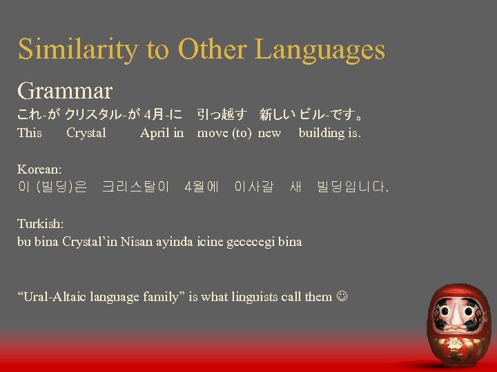 Similarity to Other Languages Grammar これ-が クリスタル-が 4月-に 引っ越す 新しい ビル-です。 This Crystal April