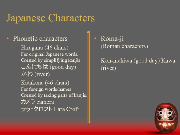 Japanese Characters • Phonetic characters – Hiragana (46 chars) For original Japanese words. Created