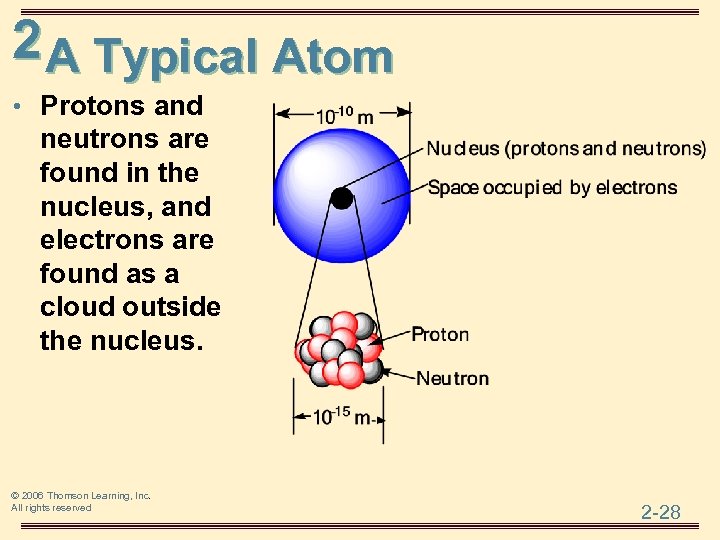 2 A Typical Atom • Protons and neutrons are found in the nucleus, and