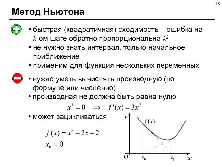 18 Метод Ньютона • быстрая (квадратичная) сходимость – ошибка на k-ом шаге обратно пропорциональна