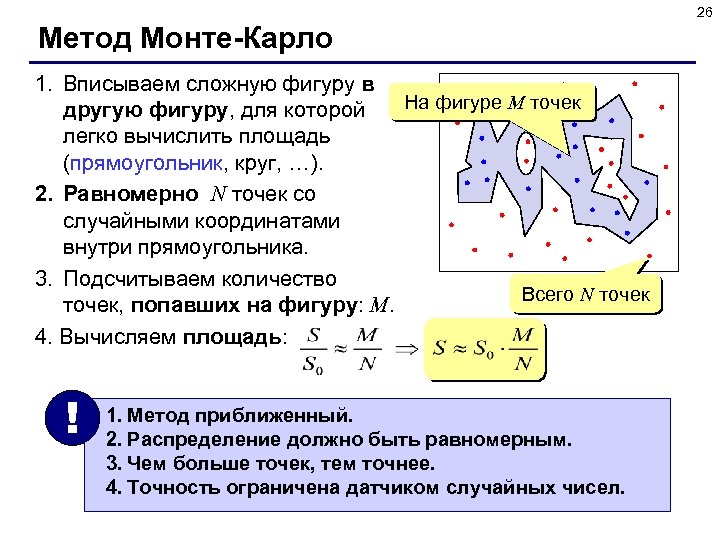 26 Метод Монте-Карло 1. Вписываем сложную фигуру в На фигуре M точек другую фигуру,