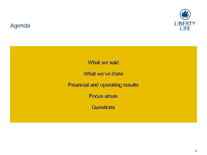 Agenda What we said What we’ve done Financial and operating results Focus areas Questions