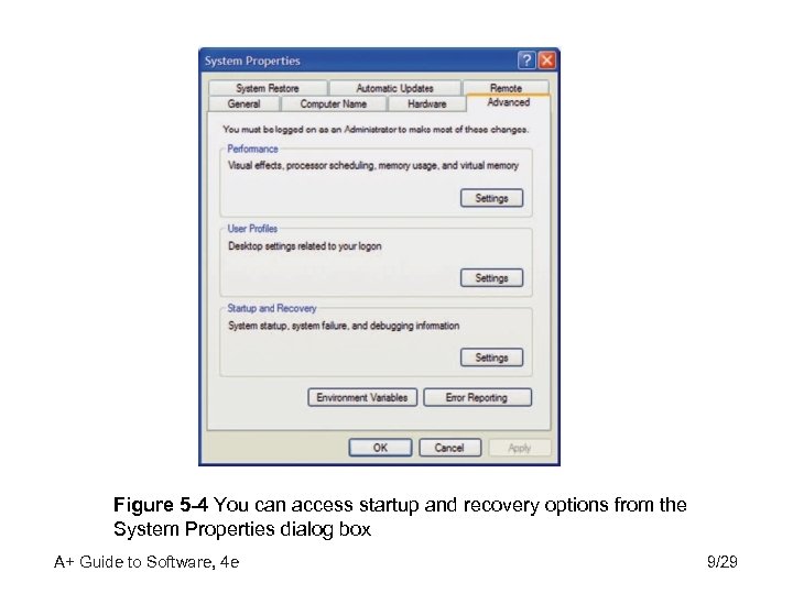 Figure 5 -4 You can access startup and recovery options from the System Properties