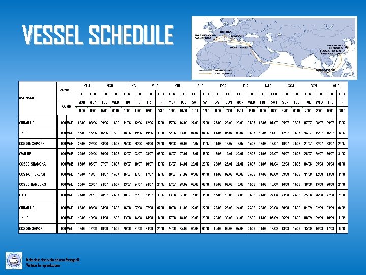 VESSEL SCHEDULE Materiale riservato ad uso Assagenti. Vietata la riproduzione 