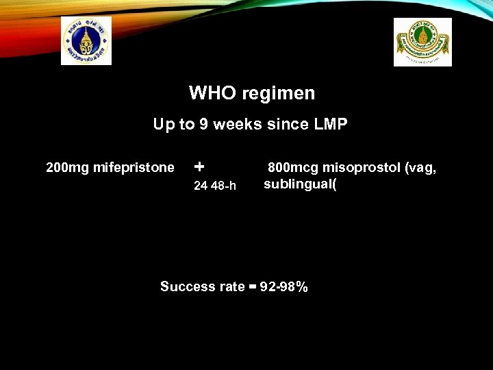 WHO regimen Up to 9 weeks since LMP 200 mg mifepristone + 24 48