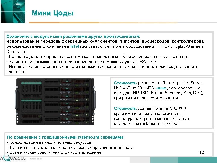 Мини Цоды Сравнение с модульными решениями других производителей: Использование передовых серверных компонентов (чипсетов, процессоров,
