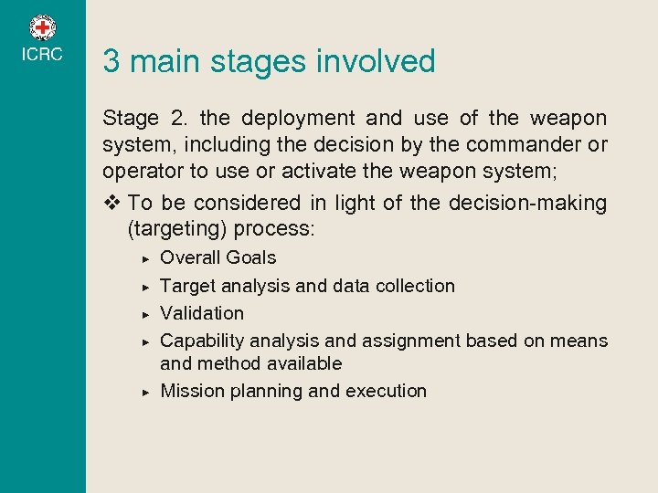 3 main stages involved Stage 2. the deployment and use of the weapon system,