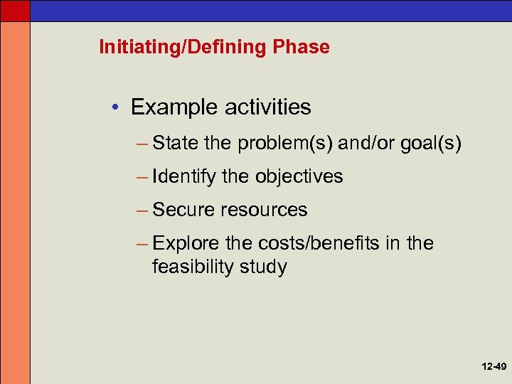 Initiating/Defining Phase • Example activities – State the problem(s) and/or goal(s) – Identify the