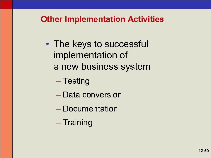 Other Implementation Activities • The keys to successful implementation of a new business system