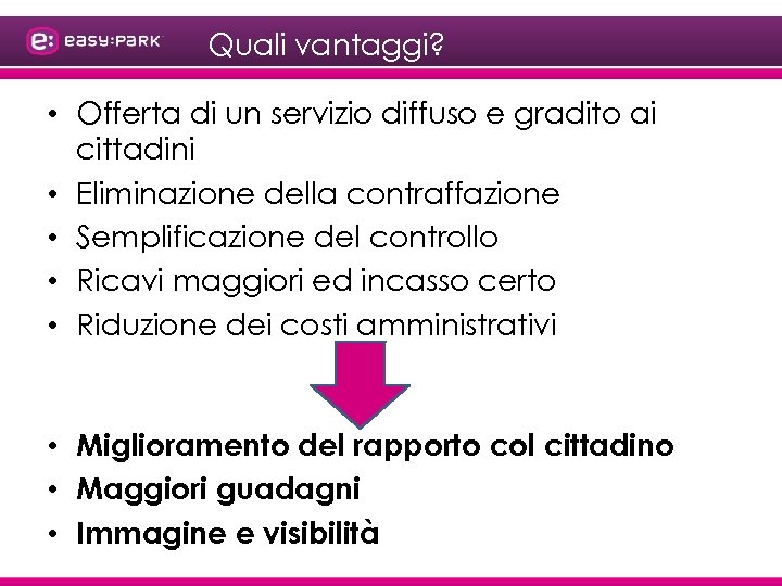 Quali vantaggi? • Offerta di un servizio diffuso e gradito ai cittadini • Eliminazione