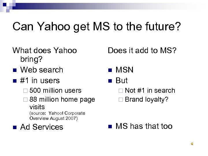 Can Yahoo get MS to the future? What does Yahoo bring? n Web search