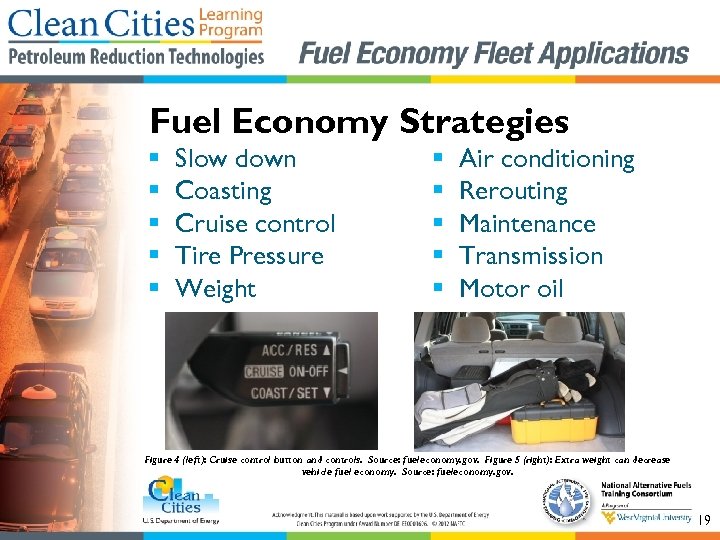 Fuel Economy Strategies § § § Slow down Coasting Cruise control Tire Pressure Weight