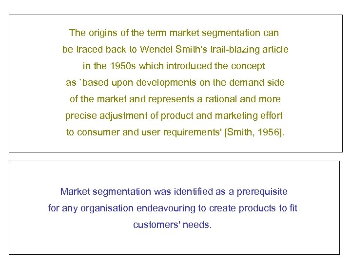 The origins of the term market segmentation can be traced back to Wendel Smith's