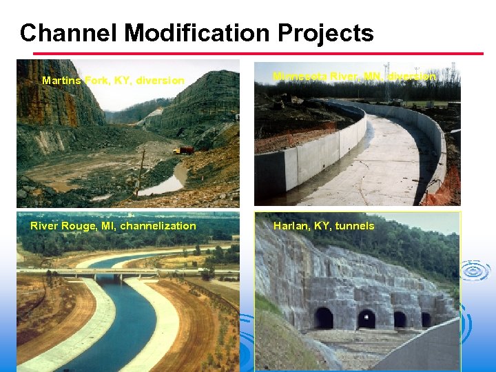 Channel Modification Projects Martins Fork, KY, diversion River Rouge, MI, channelization Minnesota River, MN,