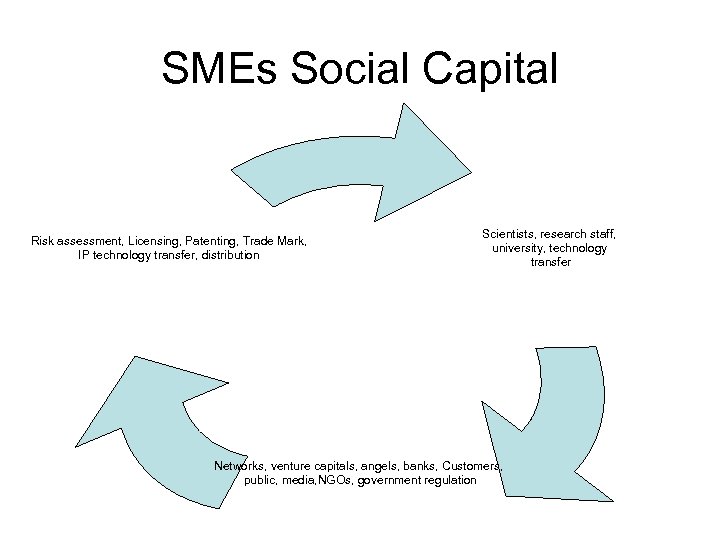 SMEs Social Capital Risk assessment, Licensing, Patenting, Trade Mark, IP technology transfer, distribution Scientists,