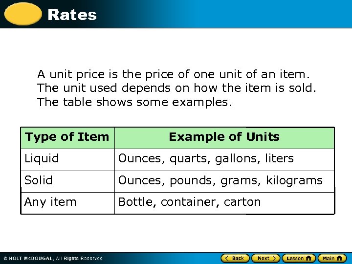 Rates A unit price is the price of one unit of an item. The