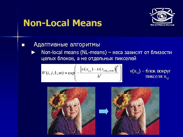 Non-Local Means n Адаптивные алгоритмы ► Non-local means (NL-means) – веса зависят от близости