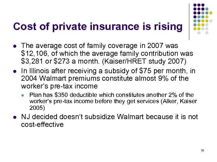 Cost of private insurance is rising l l The average cost of family coverage