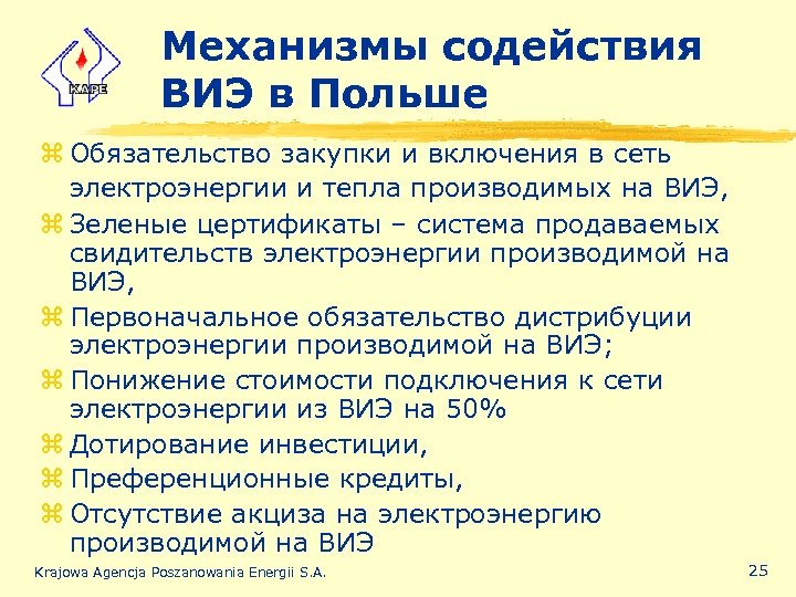 Механизмы содействия ВИЭ в Польше z Обязательство закупки и включения в сеть электроэнергии и
