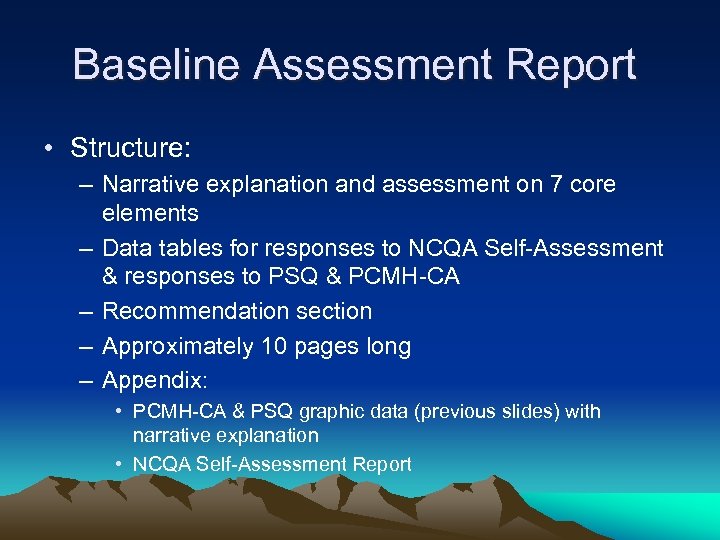 Baseline Assessment Report • Structure: – Narrative explanation and assessment on 7 core elements