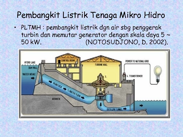 Pembangkit Listrik Tenaga Mikro Hidro • PLTMH : pembangkit listrik dgn air sbg penggerak