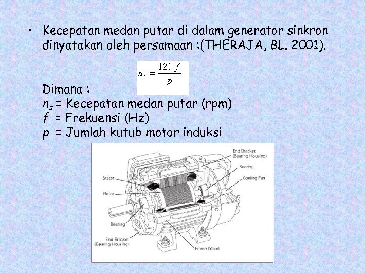  • Kecepatan medan putar di dalam generator sinkron dinyatakan oleh persamaan : (THERAJA,